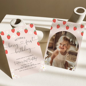 Berry First Birthday Invitation Template With Photo, Strawberry 1st Birthday Invite, Girls 1st Birthday Invitation, Boho Invite, Daisy image 1