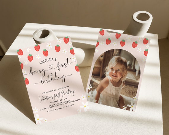 Berry First Birthday Invitation Template With Photo, Strawberry 1st Birthday Invite, Girls 1st Birthday Invitation, Boho Invite, Daisy