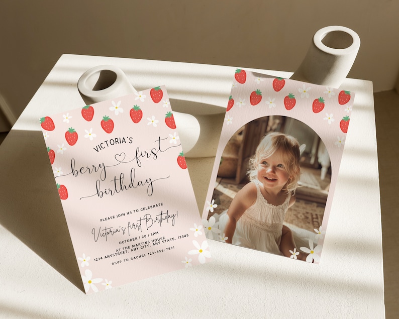 Berry First Birthday Invitation Template With Photo, Strawberry 1st Birthday Invite, Girls 1st Birthday Invitation, Boho Invite, Daisy image 1