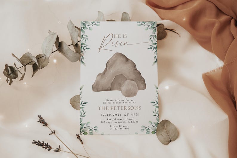 May include: A white card with green foliage border and a watercolor illustration of a stone tomb with a rolling stone. The text on the card reads "He is Risen" and includes an invitation to an Easter brunch hosted by The Petersons on December 10, 2025 at 4 PM at The Johnson's Home.