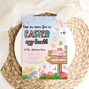 May include: A colorful Easter egg hunt invitation with a bunny rabbit, confetti, and a wooden sign that says "Sunday March 31, 11AM-2PM".