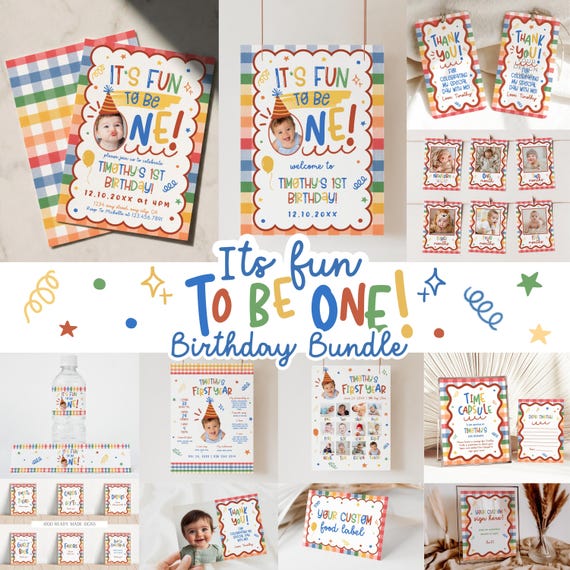 It's Fun to Be One Birthday Bundle, 1st Birthday Bundle, Colorful Boy Gingham, Colorful 1st Bday, Editable First Birthday Signs, Milestone