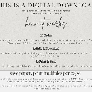 May include: A digital download guide with instructions on how to order, edit, and print a PDF file. The text says "This is a digital download, no physical item will be shipped! You edit it in Canva. How it works: 1. Order, 2. Edit & Download, 3. Print & Send. Save paper, print multiples per page."