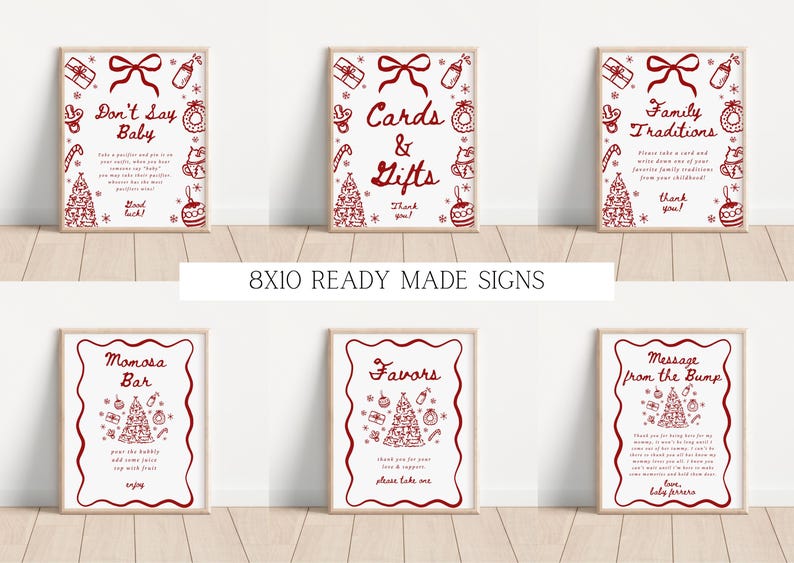 May include: Six framed signs with red and white Christmas-themed illustrations and text. The signs include phrases like "Don't Say Baby," "Cards & Gifts," and "Family Traditions." The signs are 8x10 inches and ready-made.