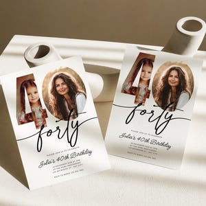 May include: White invitation card with a black and white photo of two people in the number 40. The text "forty" is written in cursive script. The text "Please join us to celebrate Julia's 40th Birthday" is printed below the number.