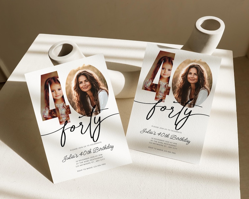 May include: White invitation card with a black and white photo of two people in the number 40. The text "forty" is written in cursive script. The text "Please join us to celebrate Julia's 40th Birthday" is printed below the number.