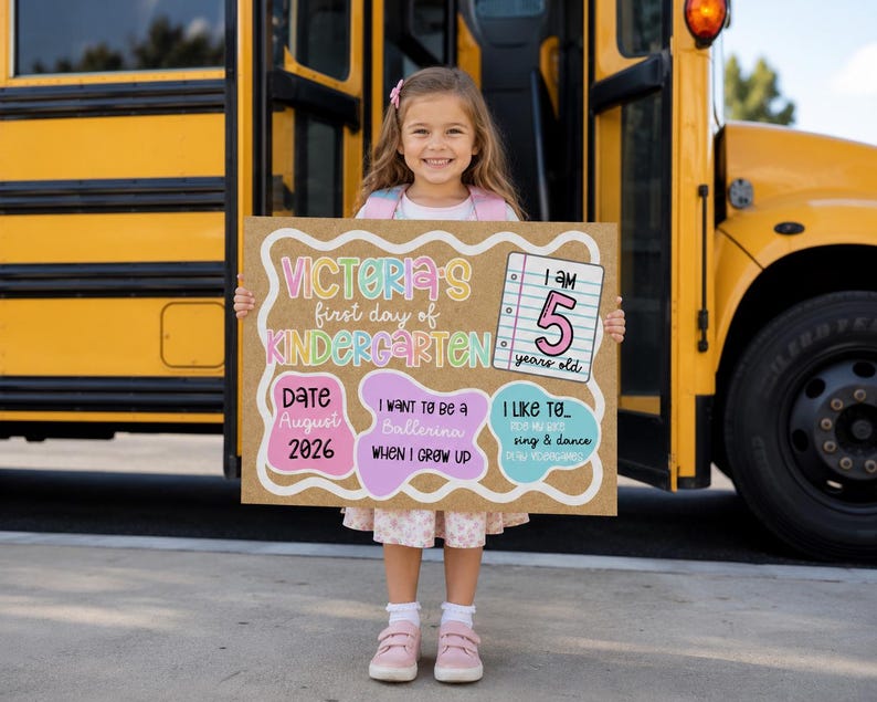 May include: A rectangular sign with a brown background featuring colorful text and shapes. It reads Victoria's first day of Kindergarten, I am 5 years old, Date August 2026, I want to be a Ballerina when I grow up, and I like to sing & dance.