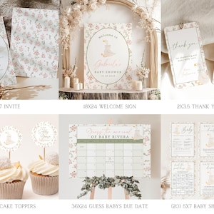 Little Silly Goose Baby Shower Bundle, Vintage Floral Goose Invite Games Signs Bundle, Pink Greenery Girls Baby Shower Boho Editable Digital image 2