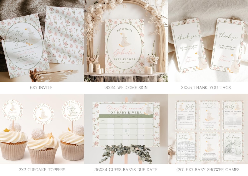 Little Silly Goose Baby Shower Bundle, Vintage Floral Goose Invite Games Signs Bundle, Pink Greenery Girls Baby Shower Boho Editable Digital image 2