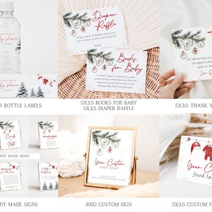 K&ouml;nnte beinhalten: Druckbare Babyparty-Schild-Set mit Winterwunderland-Thema. Die Schilder zeigen eine Aquarell-Illustration eines Kiefern-Zweigs mit Ornamenten und dem Text "B&uuml;cher f&uuml;r Baby" und "Windel-Tombola".