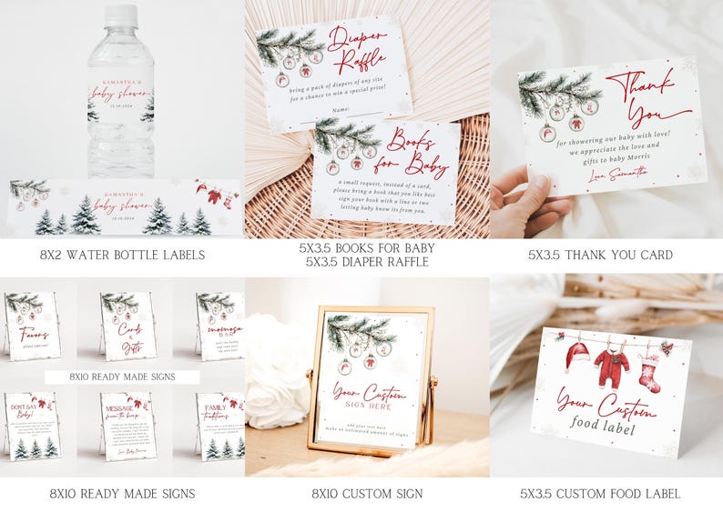 K&ouml;nnte beinhalten: Druckbare Babyparty-Schild-Set mit Winterwunderland-Thema. Die Schilder zeigen eine Aquarell-Illustration eines Kiefern-Zweigs mit Ornamenten und dem Text "B&uuml;cher f&uuml;r Baby" und "Windel-Tombola".