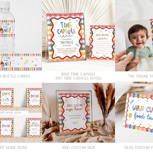 Puede incluir: Un conjunto de papeler&iacute;a para fiestas con un borde de cuadros coloridos y tipograf&iacute;a caprichosa. Incluye etiquetas para botellas de 20x5 cm, carteles de c&aacute;psula del tiempo de 25x20 cm, notas de 18x13 cm, tarjetas de agradecimiento y etiquetas.
