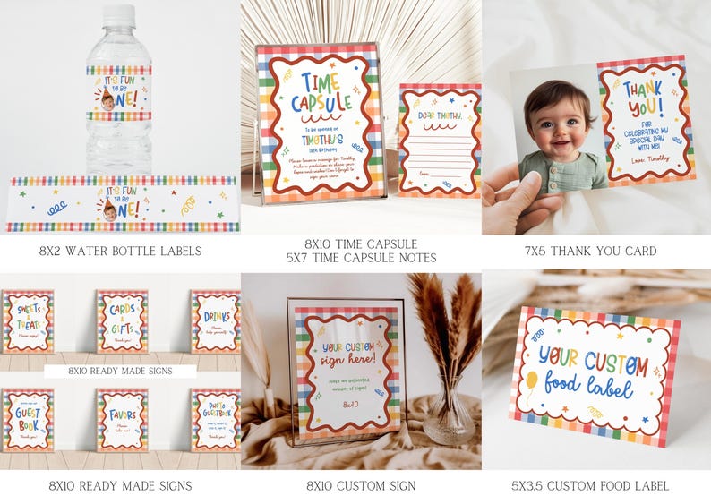 Puede incluir: Un conjunto de papeler&iacute;a para fiestas con un borde de cuadros coloridos y tipograf&iacute;a caprichosa. Incluye etiquetas para botellas de 20x5 cm, carteles de c&aacute;psula del tiempo de 25x20 cm, notas de 18x13 cm, tarjetas de agradecimiento y etiquetas.
