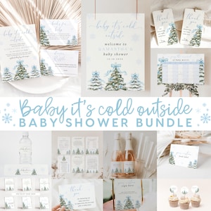 May include: A baby shower bundle with a winter theme. The bundle includes invitations, thank you cards, food labels, water bottle labels, a sign-in sheet, and cupcake toppers. The design features a watercolor illustration of blue and white pine trees with snowflakes.