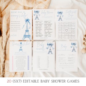 May include: A set of 20 printable baby shower games featuring a Parisian theme. The games include "How Big is Mommy's Belly", "Baby Trivia", "Find the Sweet Bingo", "Guess What Baby", "Baby Animals", and "Baby Predictions & Advice".