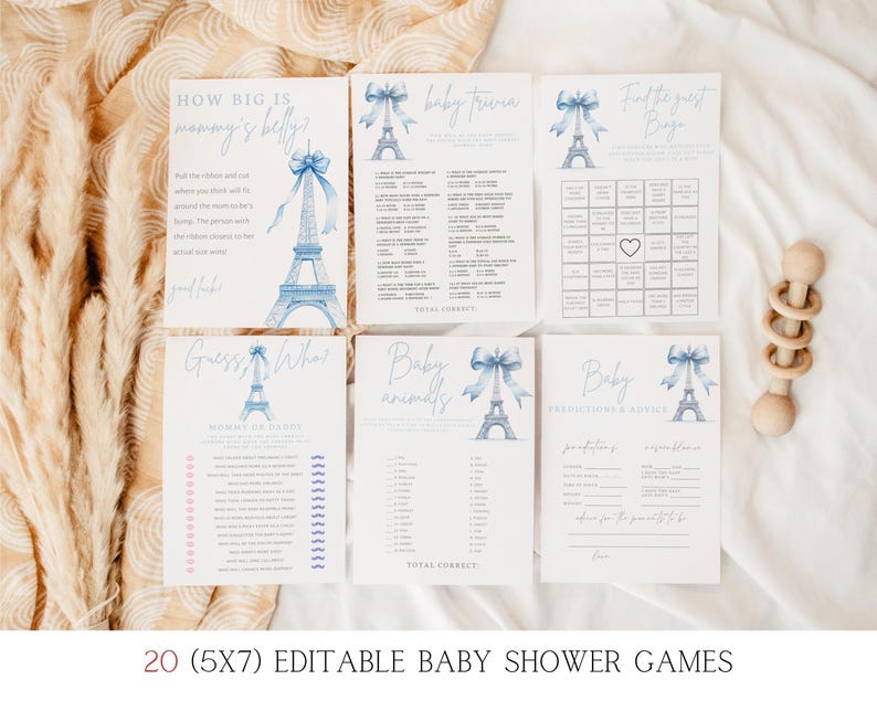 May include: A set of 20 printable baby shower games featuring a Parisian theme. The games include "How Big is Mommy's Belly", "Baby Trivia", "Find the Sweet Bingo", "Guess What Baby", "Baby Animals", and "Baby Predictions & Advice".