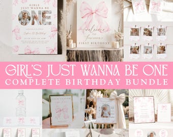 May include: A complete birthday bundle with a pink bow theme. Includes invitations, welcome sign, thank you tags, photo display, water bottle label, custom sign, milestone sign, favor tags, food labels, and cupcake toppers. The text reads "GIRLS JUST WANNA BE ONE".