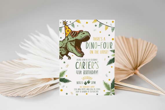 Dino-Four Birthday Invitation, Editable Dinosaur Birthday Invite, T-rex Birthday ,Dino Party, Dinosaur Digital Invitation, Boho, Editable