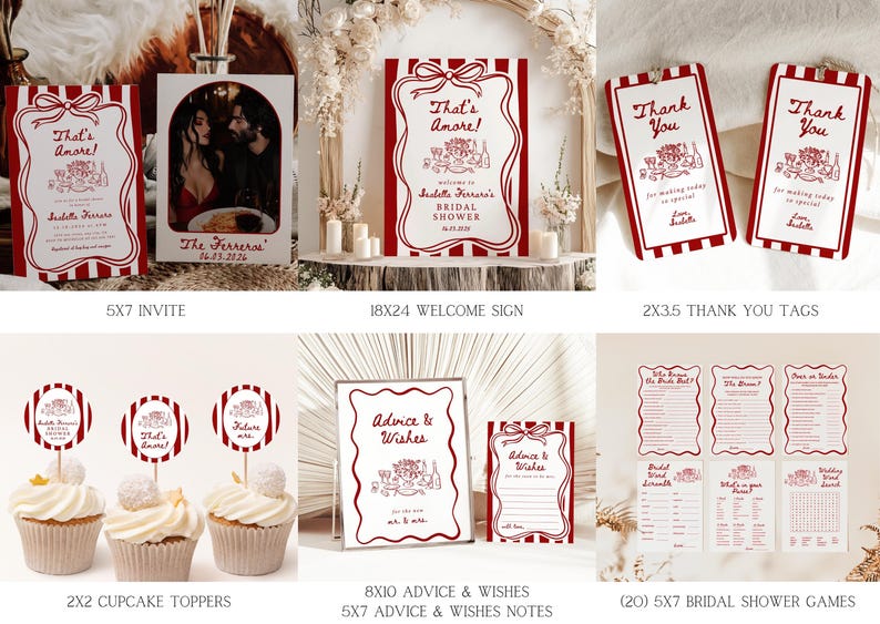 May include: A set of printable bridal shower decorations in a red and white striped design with the text "That's Amore!" and "The Ferreros". The set includes an invitation, welcome sign, thank you tags, cupcake toppers, advice and wishes cards, and bridal shower games.