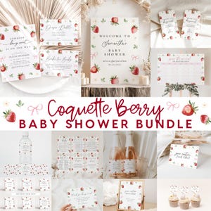 May include: A baby shower bundle with a pink and red color scheme featuring a strawberry theme. The bundle includes printable invitations, food labels, thank you cards, and a welcome sign. The text on the welcome sign reads "Welcome to Samantha's Baby Shower".
