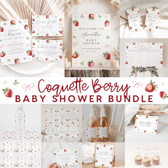 Coquette Berry Baby Shower Bundle , Berry Sweet Invite Baby Shower Pink bow berries Minimal Girl Baby Shower Blush Pink Strawberry Digital