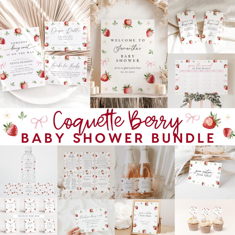 May include: A baby shower bundle with a pink and red color scheme featuring a strawberry theme. The bundle includes printable invitations, food labels, thank you cards, and a welcome sign. The text on the welcome sign reads "Welcome to Samantha's Baby Shower".