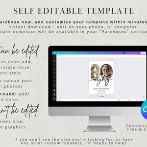May include: A computer monitor displays a customizable birthday template with the number 80 and the word "eighty." The text on the screen is editable, allowing users to add photos and change text size, color, and font style. The template is available for instant download.