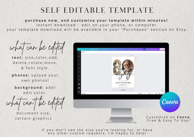 May include: A computer monitor displays a customizable birthday template with the number 80 and the word "eighty." The text on the screen is editable, allowing users to add photos and change text size, color, and font style. The template is available for instant download.