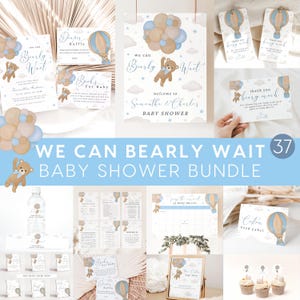We Can Bearly Wait Baby Shower Bundle, Pacchetto Baby Shower Orsetto Teddy neutro di genere, Pacchetto Baby Shower Orsetto Teddy Boho blu, Set di inviti