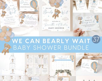 Paquete para baby shower de We Can Bearly Wait, paquete para baby shower de osito de peluche de género neutro, paquete de invitación para baby shower de osito de peluche bohemio azul