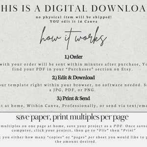 May include: A digital download guide with instructions on how to order, edit, and print a PDF file. The text says "This is a digital download, no physical item will be shipped! You edit it in Canva. How it works: 1. Order, 2. Edit & Download, 3. Print & Send. Save paper, print multiples per page."
