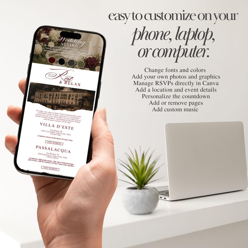 May include: A smartphone displaying a digital wedding invitation template with the text Wedding Attire, Rest & Relax, Villa d'Este, and Passalacqua. The screen shows customizable options, while text on the right lists features like changing fonts, colors, and adding photos.
