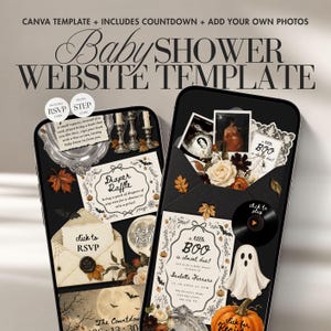 Puede incluir: Una plantilla de sitio web para baby shower mostrada en dos teléfonos inteligentes. El diseño presenta un tema de Halloween con fantasmas, calabazas, hojas de otoño y texto que incluye 'Baby Shower Website Template' y 'A little BOO is almost due'.