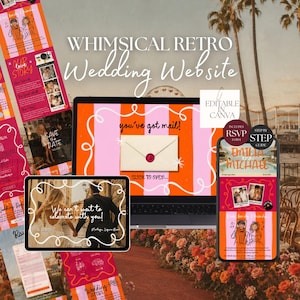 Può includere: Un modello di sito web per matrimoni digitale con design a righe retrò arancioni e rosa, che include un laptop e un tablet con moduli RSVP, grafiche save the date e il testo Whimsical Retro Wedding Website ed Editable in Canva.
