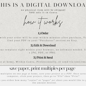 Puede incluir: Una gu&iacute;a de descarga digital con instrucciones sobre c&oacute;mo ordenar, editar e imprimir un archivo PDF. El texto dice "Esto es una descarga digital, &iexcl;no se enviar&aacute; ning&uacute;n art&iacute;culo f&iacute;sico! T&uacute; lo editas en Canva. C&oacute;mo funciona: 1. Pedir, 2. Editar y descargar, 3. Imprimir y enviar. Ahorra papel, imprime varias p&aacute;ginas por hoja."