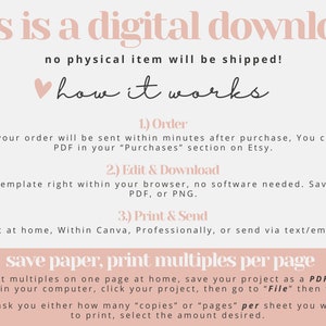 Puede incluir: Un gr&aacute;fico rosa y blanco con el texto "this is a digital download" y "no physical item will be shipped!"  Un icono de coraz&oacute;n con el texto "how it works" est&aacute; debajo.  El gr&aacute;fico explica c&oacute;mo ordenar, editar e imprimir una descarga digital.  El texto "save paper, print multiples per page" est&aacute; en un cuadro rosa.