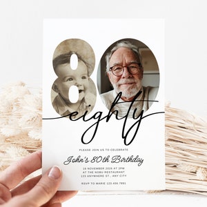 May include: A white birthday invitation card with a photo of a baby and an older man. The number "80" is displayed with the word "eighty" in cursive. The invitation includes event details.