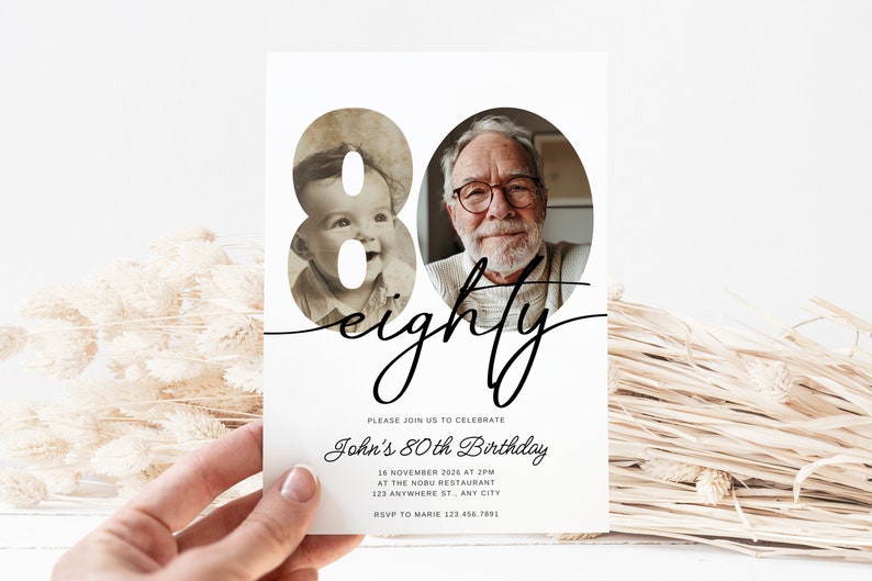 May include: A white birthday invitation card with a photo of a baby and an older man. The number "80" is displayed with the word "eighty" in cursive. The invitation includes event details.