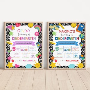 K&ouml;nnte beinhalten: Zwei gerahmte Schilder f&uuml;r den ersten Schultag im Kindergarten. Ein Schild ist f&uuml;r Olivia, das andere f&uuml;r Maximo. Jedes Schild hat farbenfrohe Illustrationen, den Namen des Kindes, das Alter und andere Details. Die Schilder stehen auf einem wei&szlig;en Holzboden.