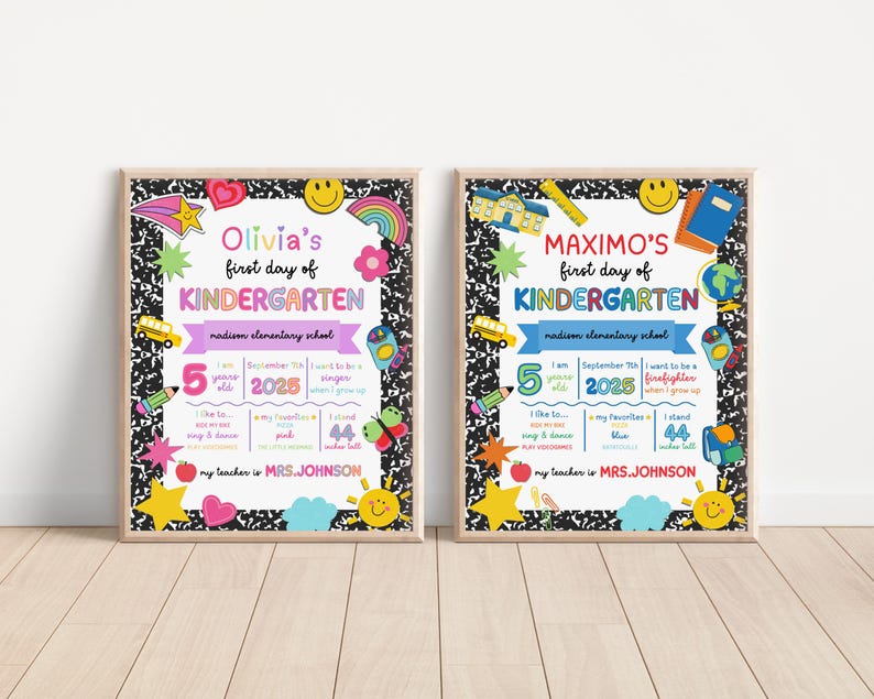 K&ouml;nnte beinhalten: Zwei gerahmte Schilder f&uuml;r den ersten Schultag im Kindergarten. Ein Schild ist f&uuml;r Olivia, das andere f&uuml;r Maximo. Jedes Schild hat farbenfrohe Illustrationen, den Namen des Kindes, das Alter und andere Details. Die Schilder stehen auf einem wei&szlig;en Holzboden.