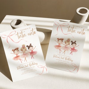 May include: Pink and white invitation with a gold glitter font that says "Victoria is Tutu Cute" and features a watercolor illustration of three ballerinas. The invitation is for Victoria's 2nd birthday.