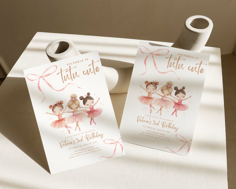 May include: Pink and white invitation with a gold glitter font that says "Victoria is Tutu Cute" and features a watercolor illustration of three ballerinas. The invitation is for Victoria's 2nd birthday.