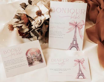 EDITABLE Bonjour bebe Shower Invitation Set, Bonjour Bébé Baby Shower Invitation Bundle, Torre Eiffel, Café Parisino, Paris Baby Shower boho