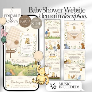 May include: A digital baby shower website template featuring Winnie the Pooh characters, floral illustrations, and text elements including 'Baby Shower Website demo in description', 'RSVP', 'The Countdown', and 'Books for Baby' on a smartphone screen.