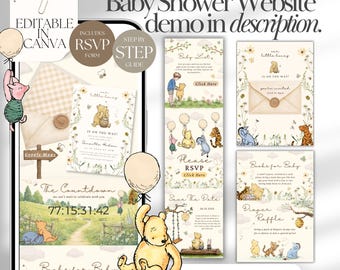 May include: A digital baby shower website template featuring Winnie the Pooh characters, floral illustrations, and text elements including 'Baby Shower Website demo in description', 'RSVP', 'The Countdown', and 'Books for Baby' on a smartphone screen.