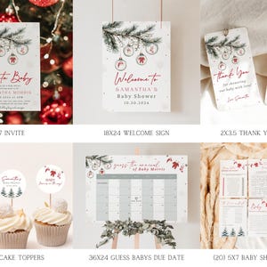 K&ouml;nnte beinhalten: Ein Set mit druckbaren Weihnachts-Babyparty-Dekorationen mit einem winterlichen Waldmotiv mit Ornamenten, einem Ast und dem Text "Santa Baby". Das Set beinhaltet eine Einladung, ein Willkommens-Schild, Dankeskarten, Cupcake-Topper, ein Spiel, um das Geburtsdatum des Babys zu erraten, und Babyparty-Spiele.