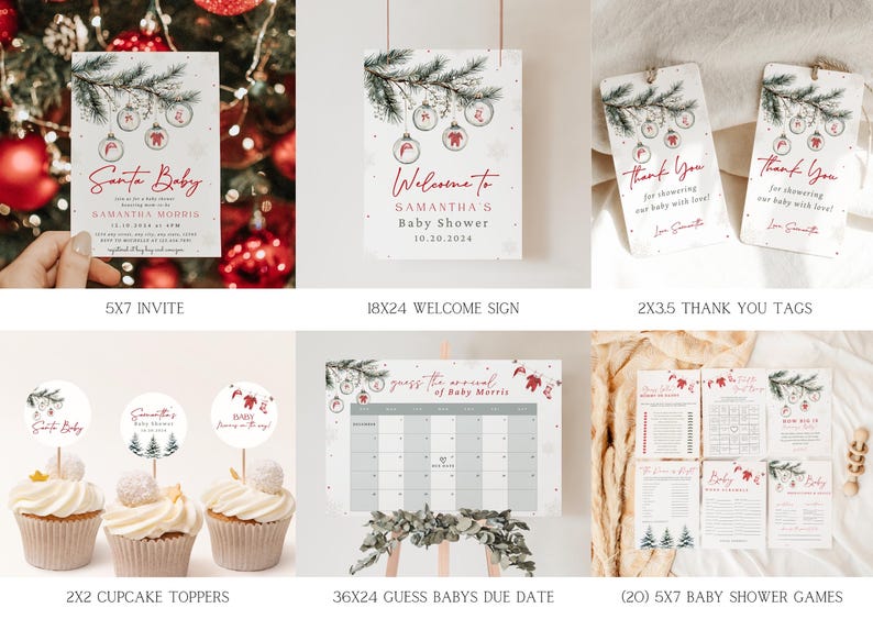 K&ouml;nnte beinhalten: Ein Set mit druckbaren Weihnachts-Babyparty-Dekorationen mit einem winterlichen Waldmotiv mit Ornamenten, einem Ast und dem Text "Santa Baby". Das Set beinhaltet eine Einladung, ein Willkommens-Schild, Dankeskarten, Cupcake-Topper, ein Spiel, um das Geburtsdatum des Babys zu erraten, und Babyparty-Spiele.
