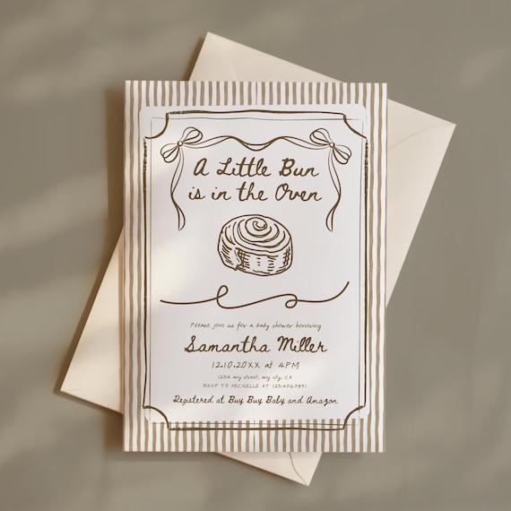 Bun in the Oven Baby Shower Invitation, Editable Hand Drawn Invite, Whimsical Gender Neutral Baby Shower, Coquette Bow Aesthetic