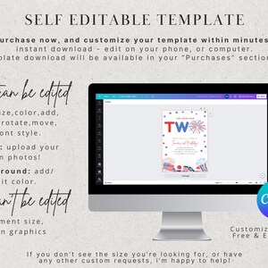 Op de afbeelding: Een computerscherm waarop een Canva-ontwerptemplate wordt weergegeven voor een rood-wit-blauwe 'Two-sies and Fourth of July'-verjaardagsuitnodiging. De tekst 'what can be edited' en 'what can't be edited' wordt vermeld met details over de bewerkbare functies van de sjabloon. Het Canva-logo is zichtbaar in de rechterbenedenhoek.