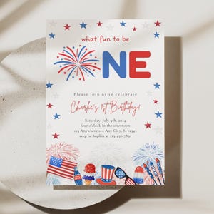 Red White and Blue Invitation, 4th of July Invite, First birthday invitation, Independence Day Party, 1st Birthday Ideas, what fun to be one image 1